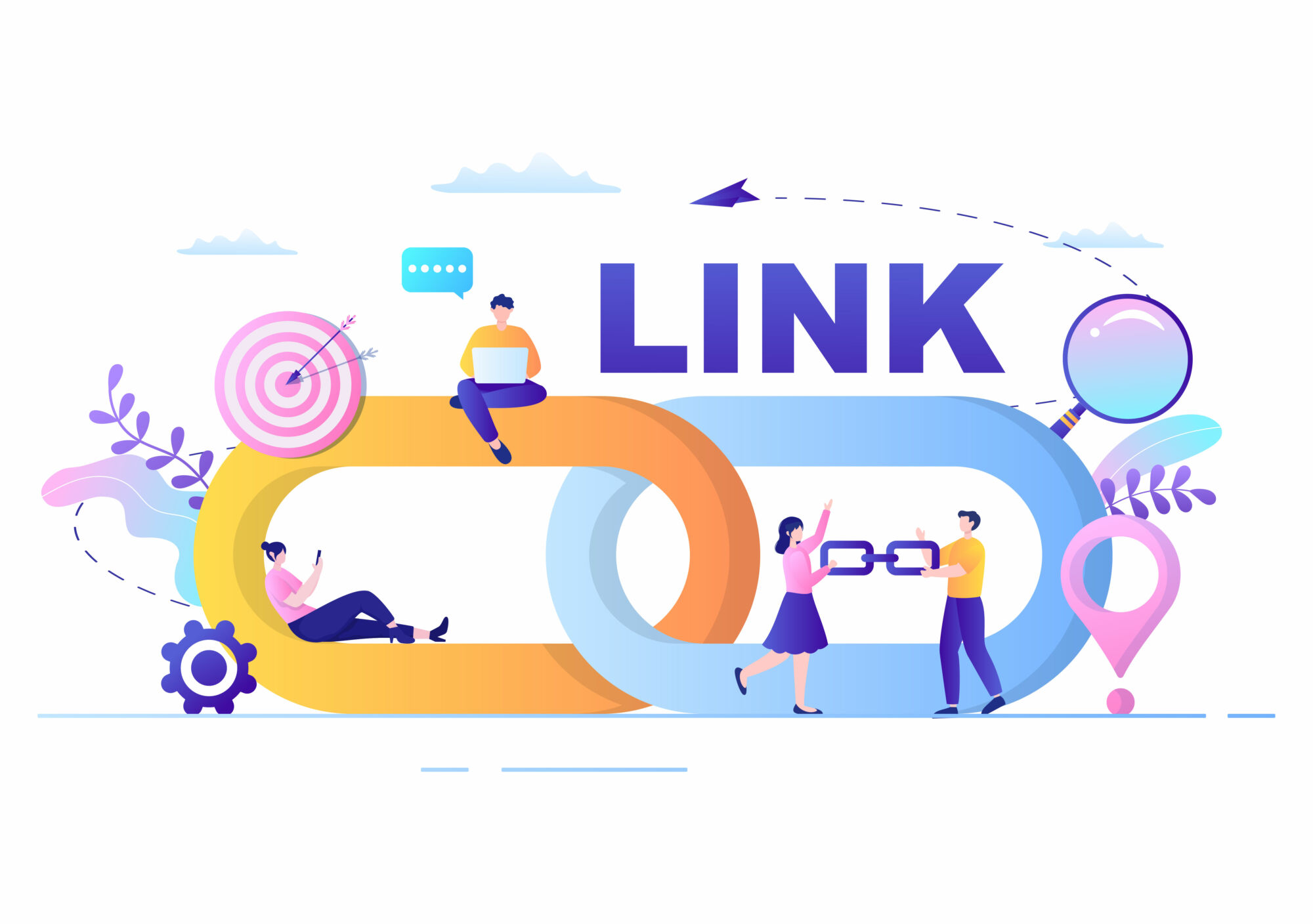 SEO Link Building as Search Engine Optimization, Marketing and Digital for Home Page Development or Mobile Applications Vector Illustration