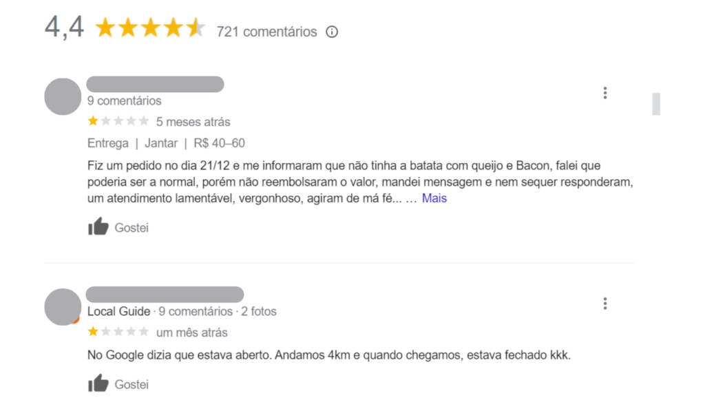 exemplo de avaliações de locais na serp do google