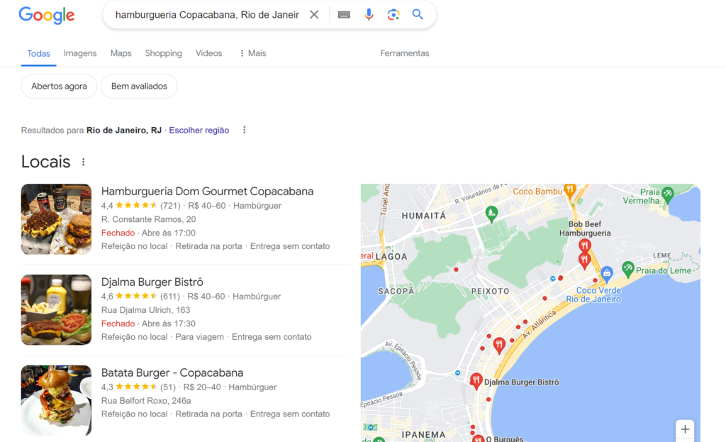 exemplo de como os locais aparecem na serp do google