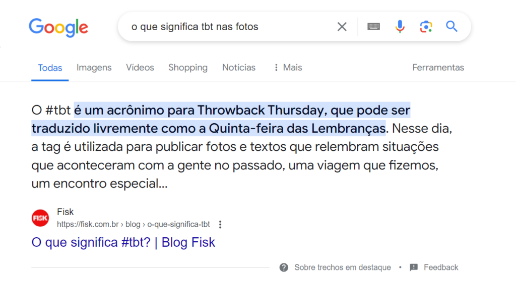 exemplo de featured snippet na serp do google