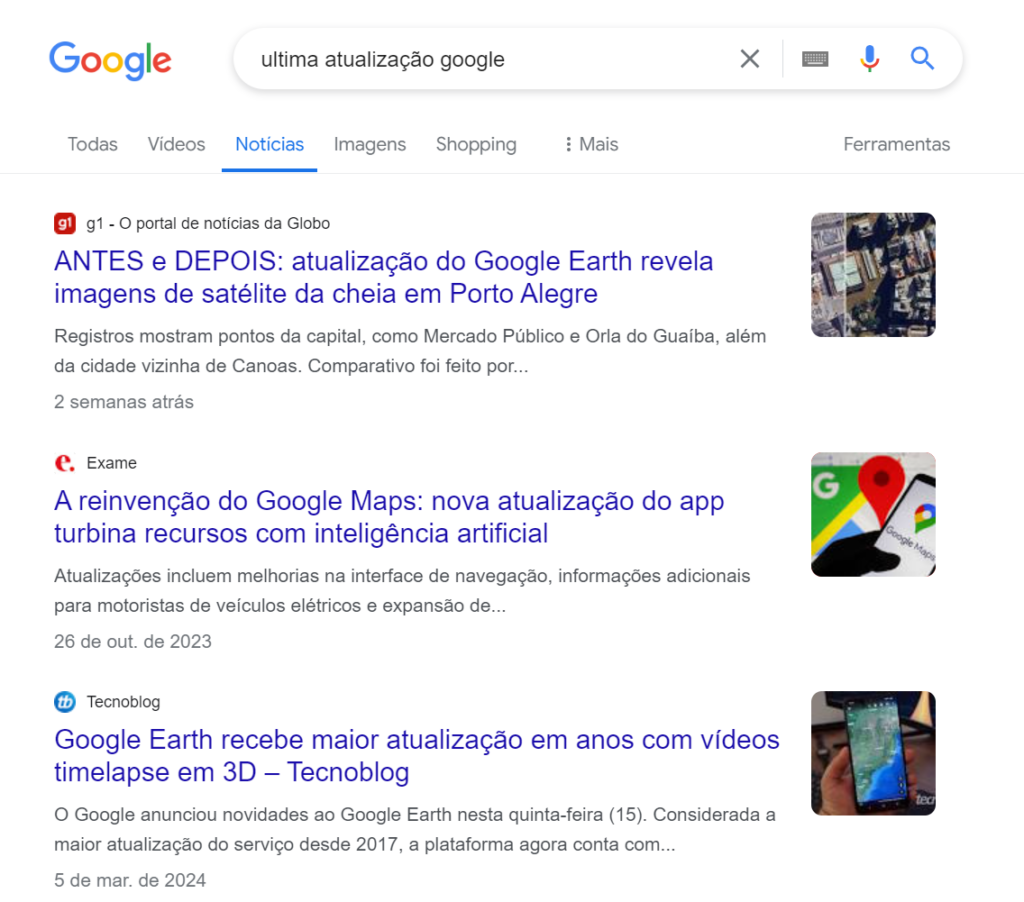 exemplo de noticias na serp do google