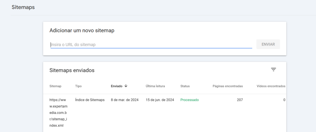 relatório de sitemaps do google search console